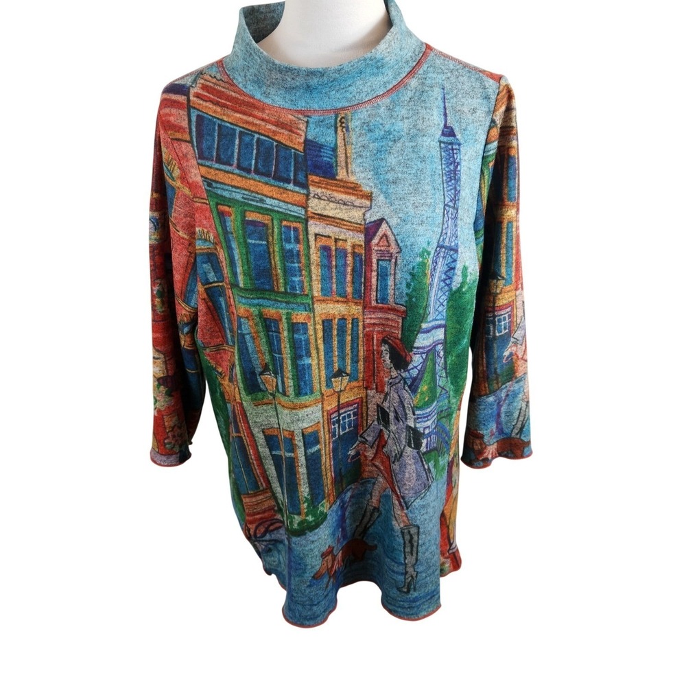 Ali Miles Paris Eiffel‎ Tower Street Scene Print Mock Neck Tunic Top Size PL